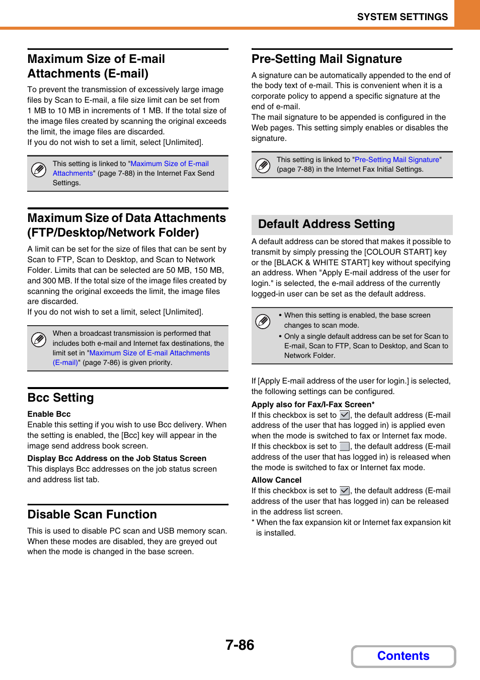 Default address setting, 86) o, Maximum size of e-mail attachments (e-mail) | Bcc setting, Disable scan function, Pre-setting mail signature | Sharp MX-2614N User Manual | Page 754 / 836