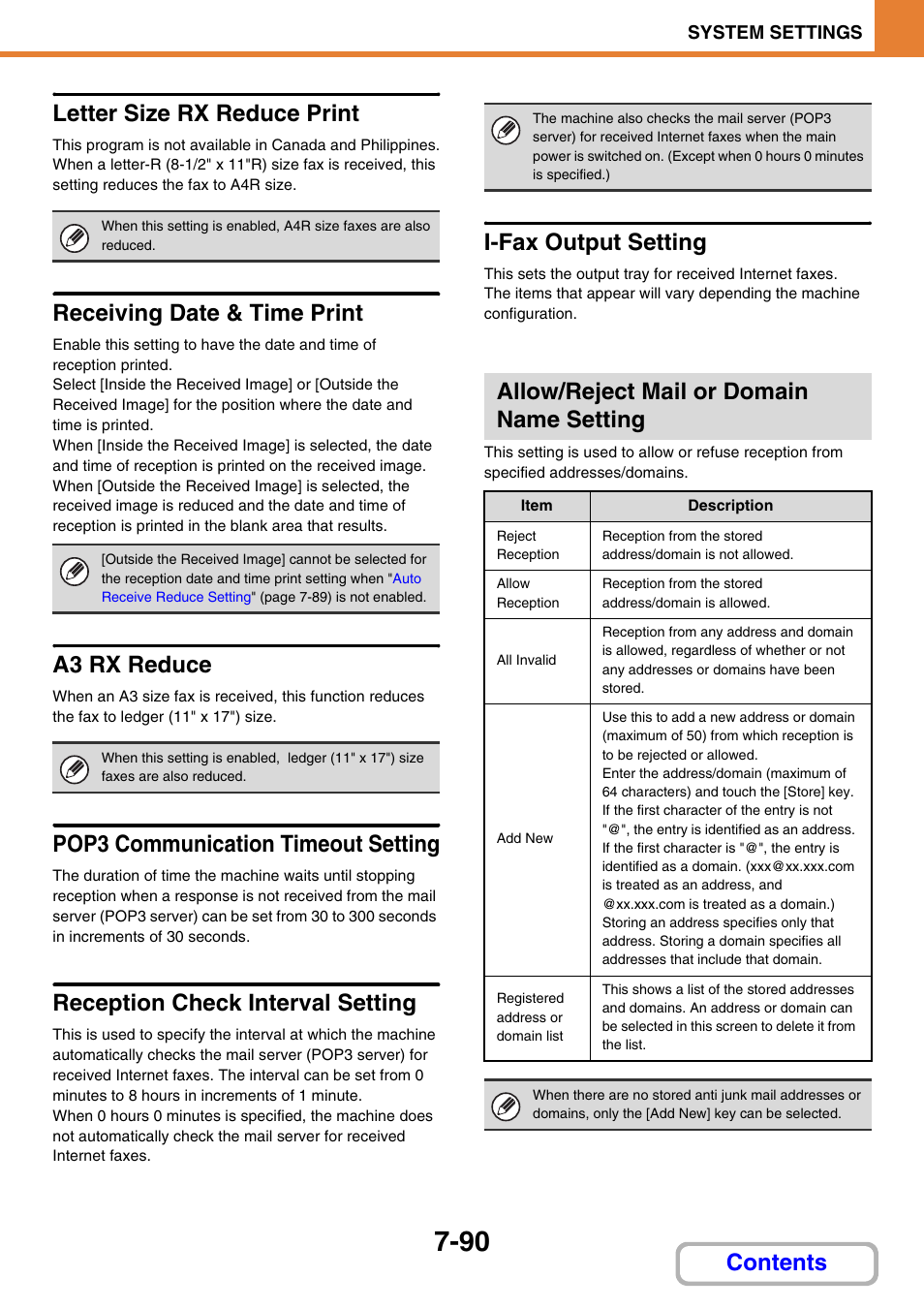 Letter size rx reduce print, Receiving date & time print, A3 rx reduce | Pop3 communication timeout setting, Reception check interval setting, I-fax output setting, Allow/reject mail or domain name setting, Contents letter size rx reduce print | Sharp MX-2614N User Manual | Page 758 / 836