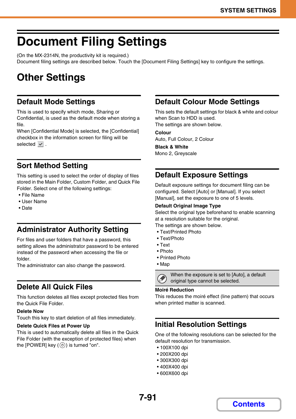 Delete all files, Document filing settings -91, Other settings -91 | Document filing settings, Other settings, Default mode settings, Sort method setting, Administrator authority setting, Delete all quick files, Default colour mode settings | Sharp MX-2614N User Manual | Page 759 / 836