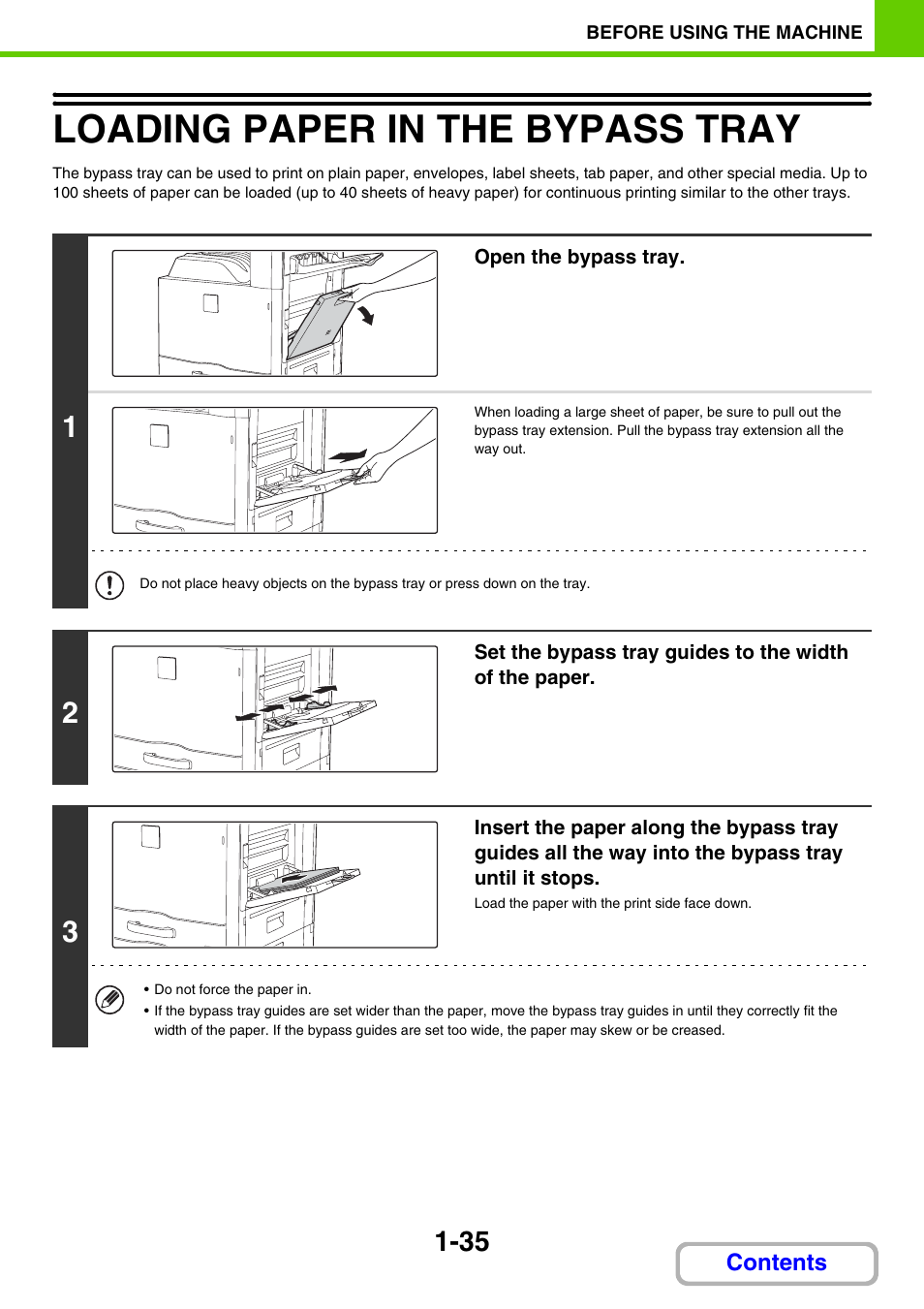 Loading paper in the bypass tray -35, Loading paper in the bypass tray | Sharp MX-2614N User Manual | Page 76 / 836