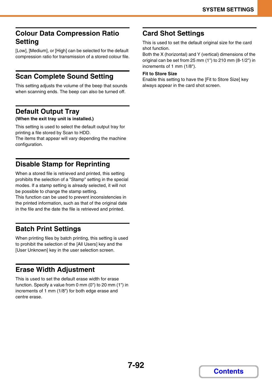 Colour data compression ratio setting, Scan complete sound setting, Default output tray | Disable stamp for reprinting, Batch print settings, Erase width adjustment, Card shot settings, Contents colour data compression ratio setting | Sharp MX-2614N User Manual | Page 760 / 836