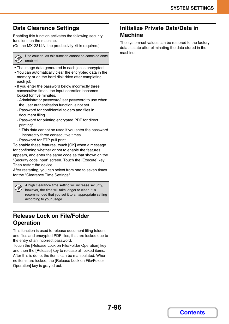 Data clearance settings, Release lock on file/folder operation, Initialize private data/data in machine | Contents data clearance settings | Sharp MX-2614N User Manual | Page 764 / 836