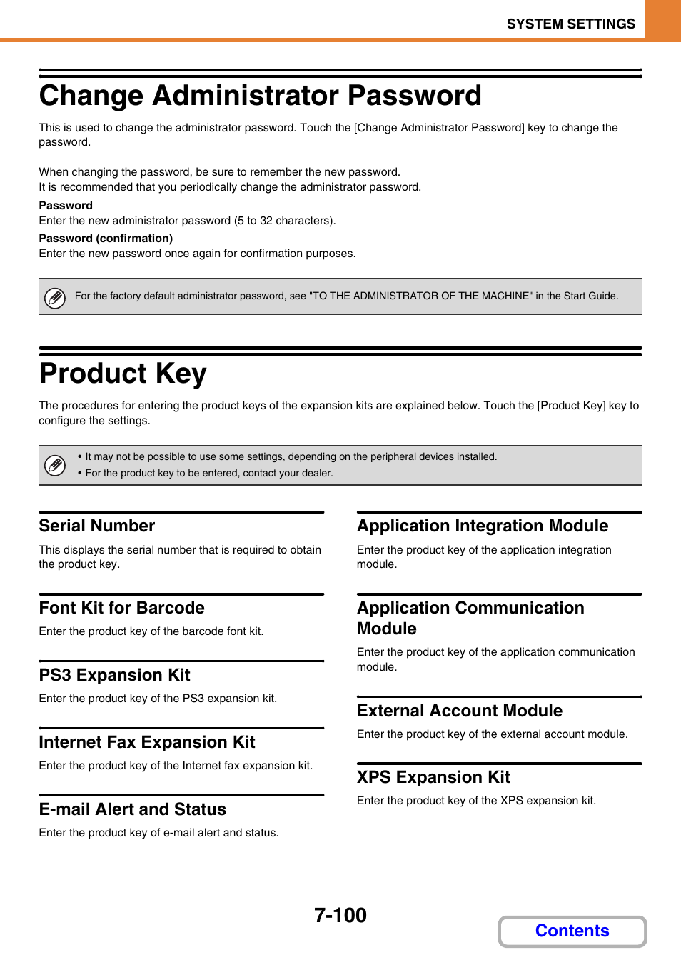 Change administrator password -100, Product key -100, Change administrator password | Product key, Serial number, Font kit for barcode, Ps3 expansion kit, Internet fax expansion kit, E-mail alert and status, Application integration module | Sharp MX-2614N User Manual | Page 768 / 836