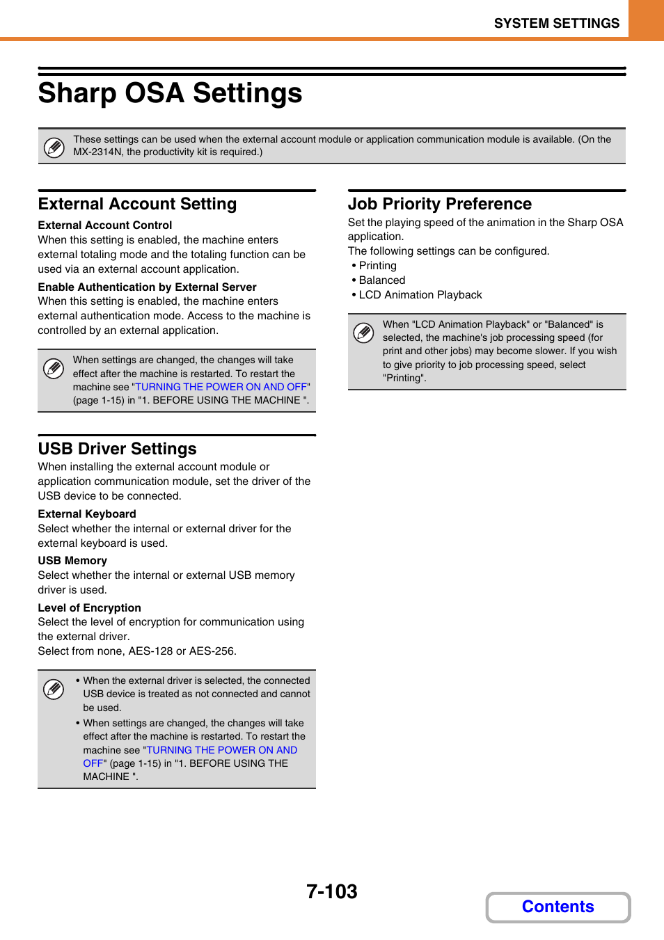 Sharp osa settings -103, Sharp osa settings, External account setting | External account control, Enable authentication by external server, Usb driver settings, External keyboard, Usb memory, Level of encryption, Job priority preference | Sharp MX-2614N User Manual | Page 771 / 836