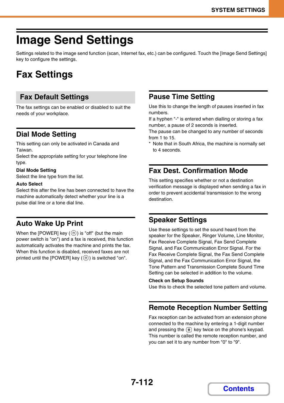 Image send settings -112, Fax settings -112, Image send settings | Fax settings, Fax default settings, Dial mode setting, Auto wake up print, Pause time setting, Fax dest. confirmation mode, Speaker settings | Sharp MX-2614N User Manual | Page 780 / 836