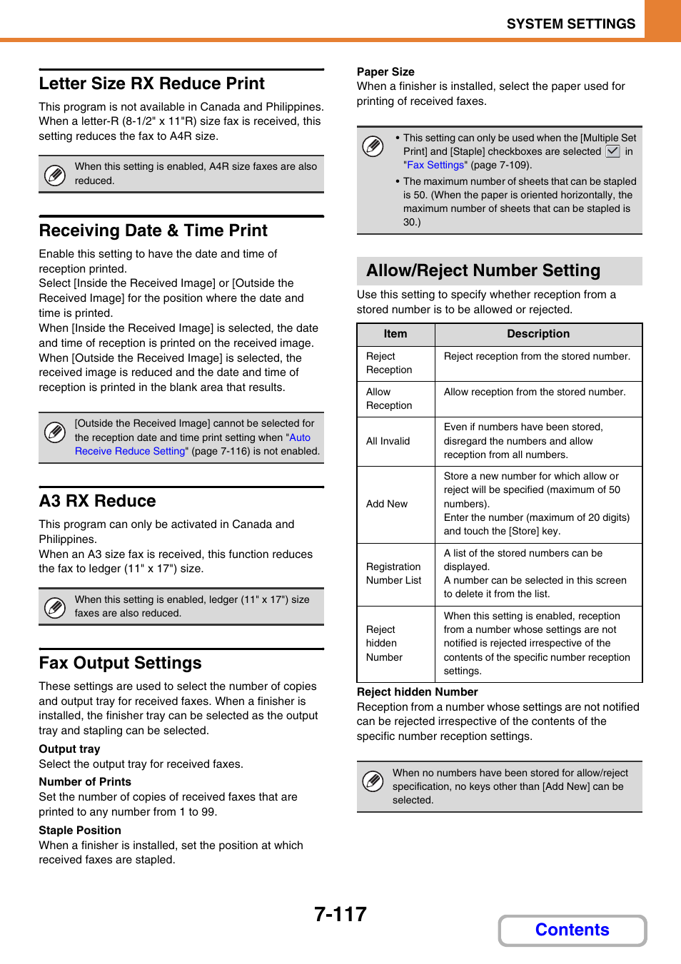 Fax output settings, E 7-117, Ing settings are set in | Letter size rx reduce print, Receiving date & time print, A3 rx reduce, Allow/reject number setting, Allow/reject, Number setting, Contents letter size rx reduce print | Sharp MX-2614N User Manual | Page 785 / 836