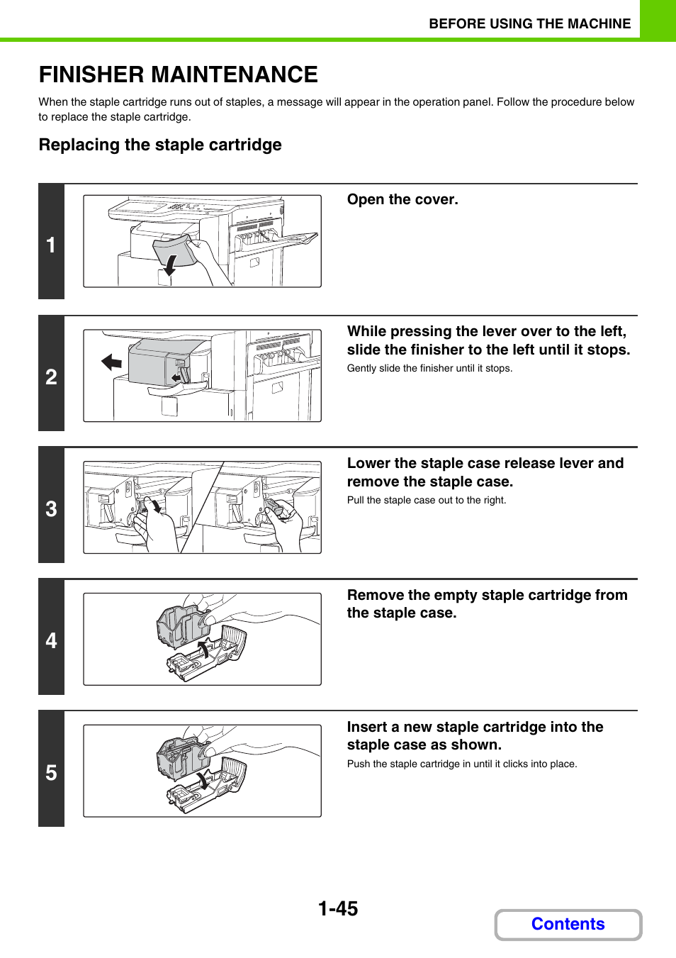 Replace the, Staple cartridge, Finisher maintenance -45 | Finisher maintenance | Sharp MX-2614N User Manual | Page 86 / 836