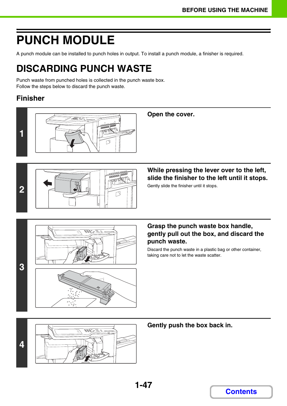 Dispose of punch, Waste, Punch module -47 | Discarding punch waste -47, Punch module, Discarding punch waste | Sharp MX-2614N User Manual | Page 88 / 836