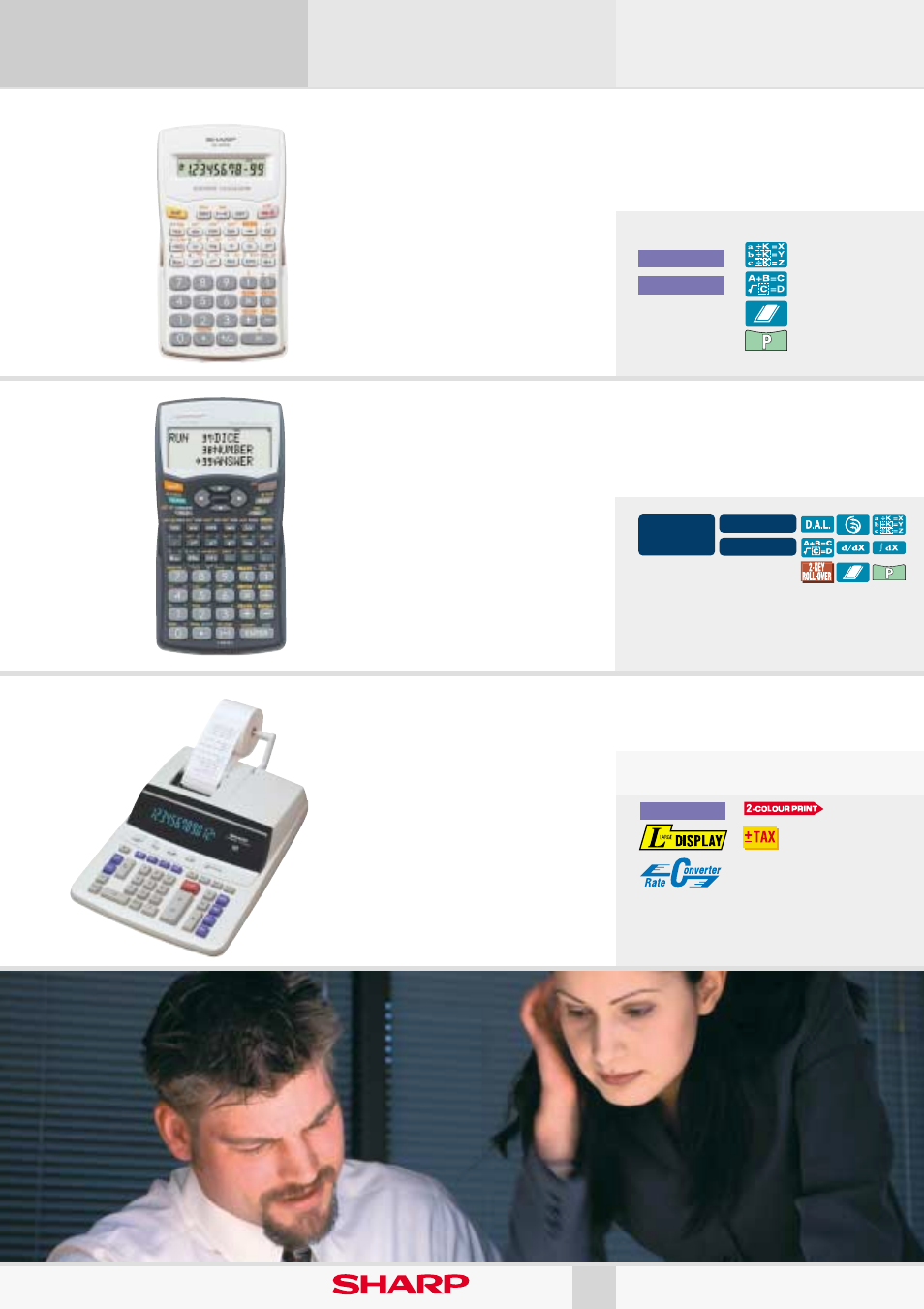 Scientific calculators, Cs-2635rh, El-501wwh | El-5250, Glas top design 10, Printing calculators | Sharp EL-376SB User Manual | Page 10 / 26