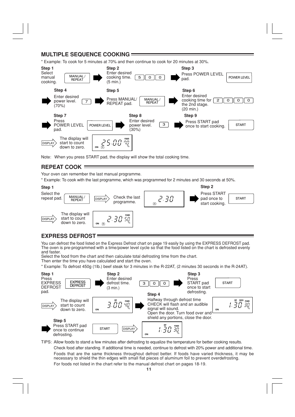 Multiple sequence cooking, Repeat cook, Express defrost | Sharp R-22AT User Manual | Page 12 / 32