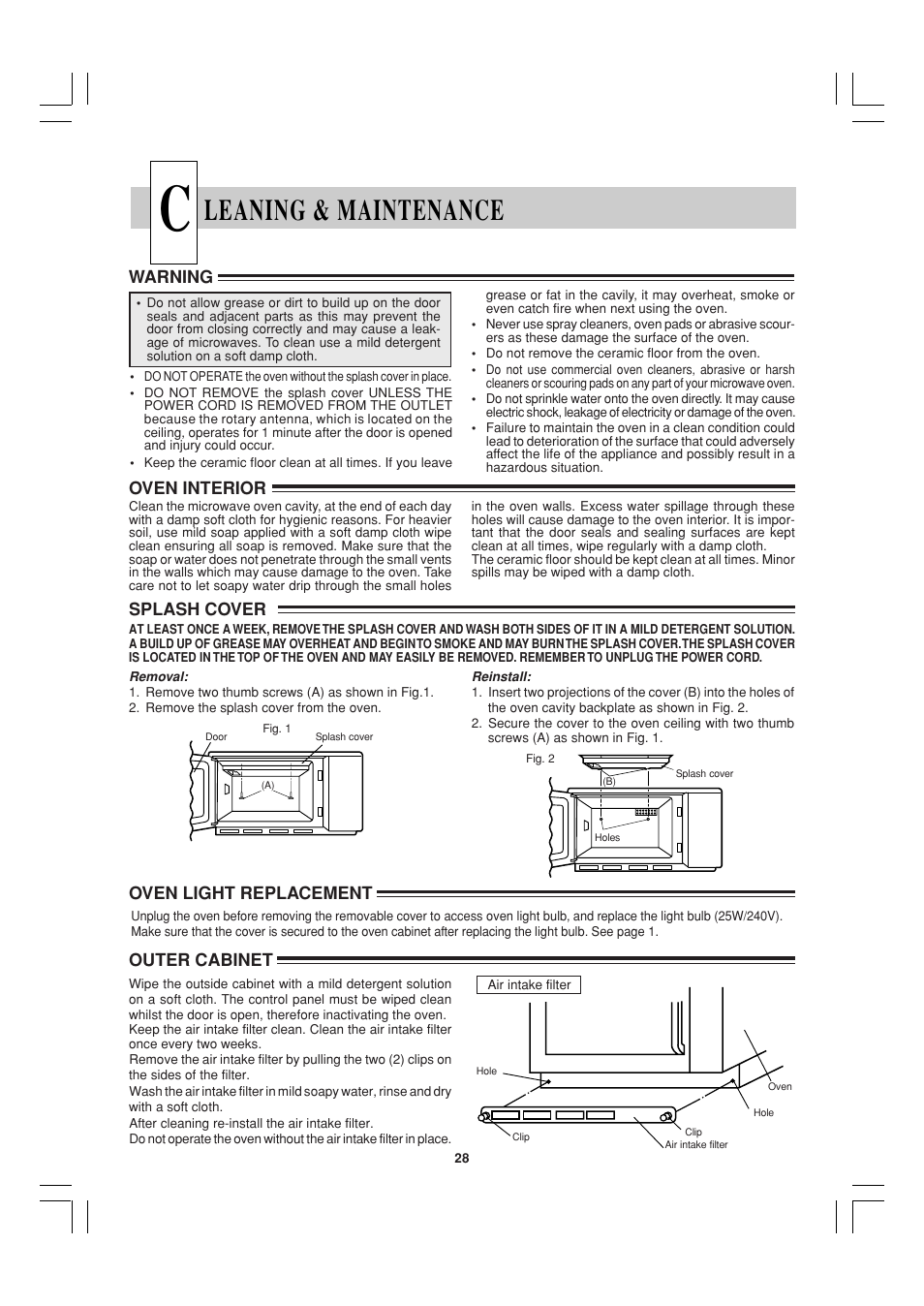 Leaning & maintenance, Warning, Oven interior | Splash cover, Outer cabinet, Oven light replacement | Sharp R-22AT User Manual | Page 29 / 32