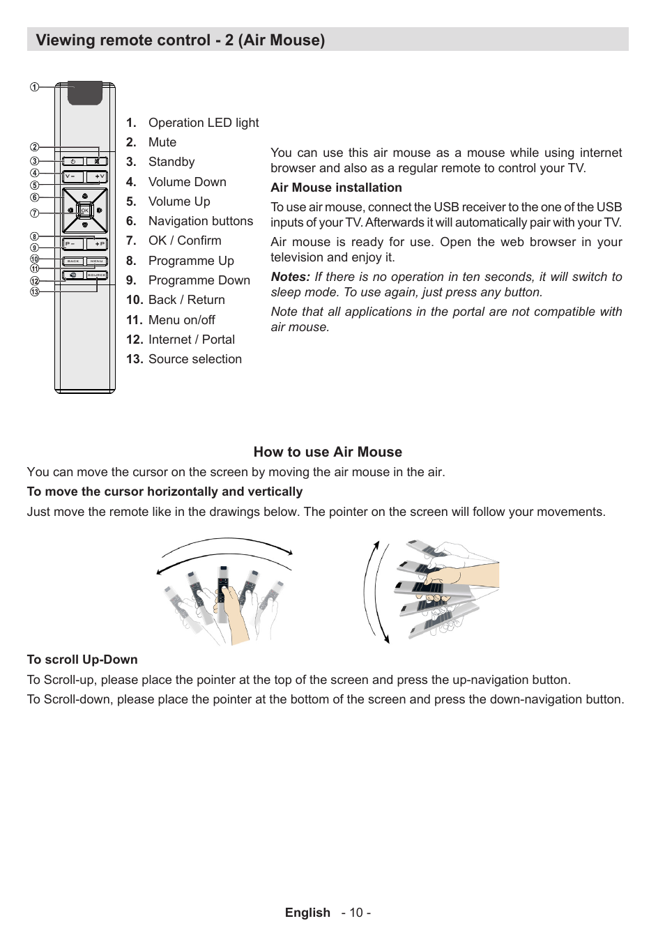 Viewing remote control - 2 (air mouse), How to use air mouse, English - 10 | Sharp LC-50LE771K User Manual | Page 11 / 40