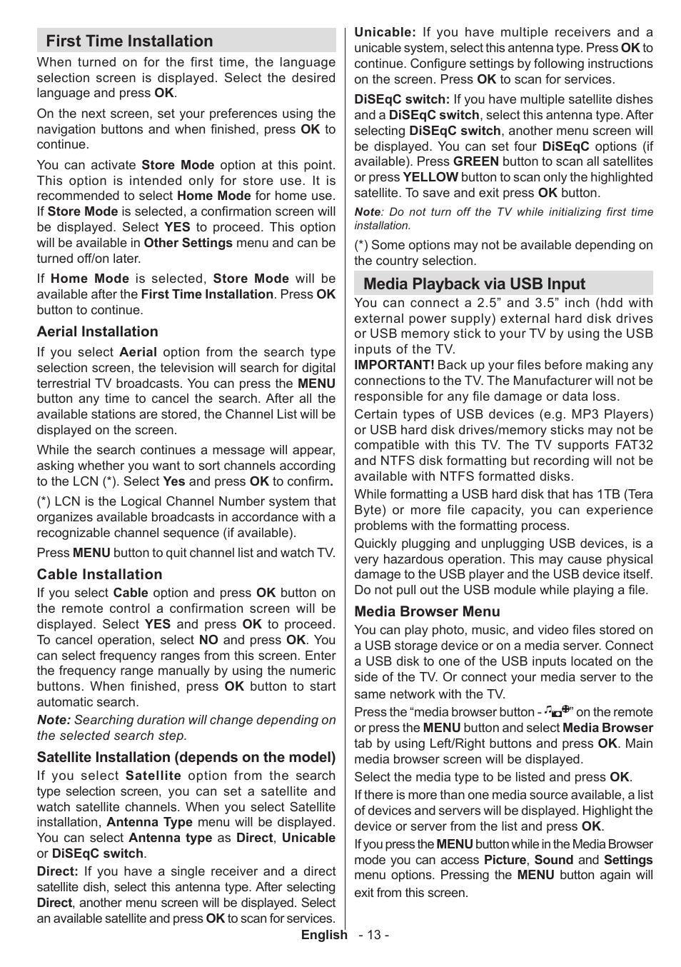 First time installation, Media playback via usb input | Sharp LC-50LE771K User Manual | Page 14 / 40