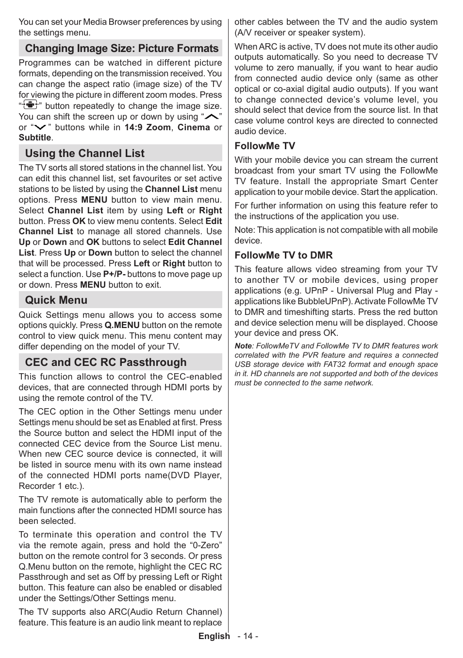 Changing image size: picture formats, Using the channel list, Quick menu | Cec and cec rc passthrough | Sharp LC-50LE771K User Manual | Page 15 / 40