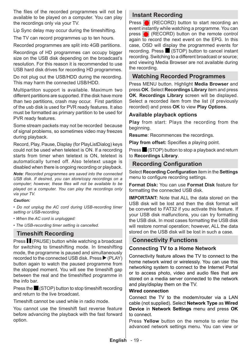 Timeshift recording, Instant recording, Watching recorded programmes | Recording configuration, Connectivity functions | Sharp LC-50LE771K User Manual | Page 20 / 40