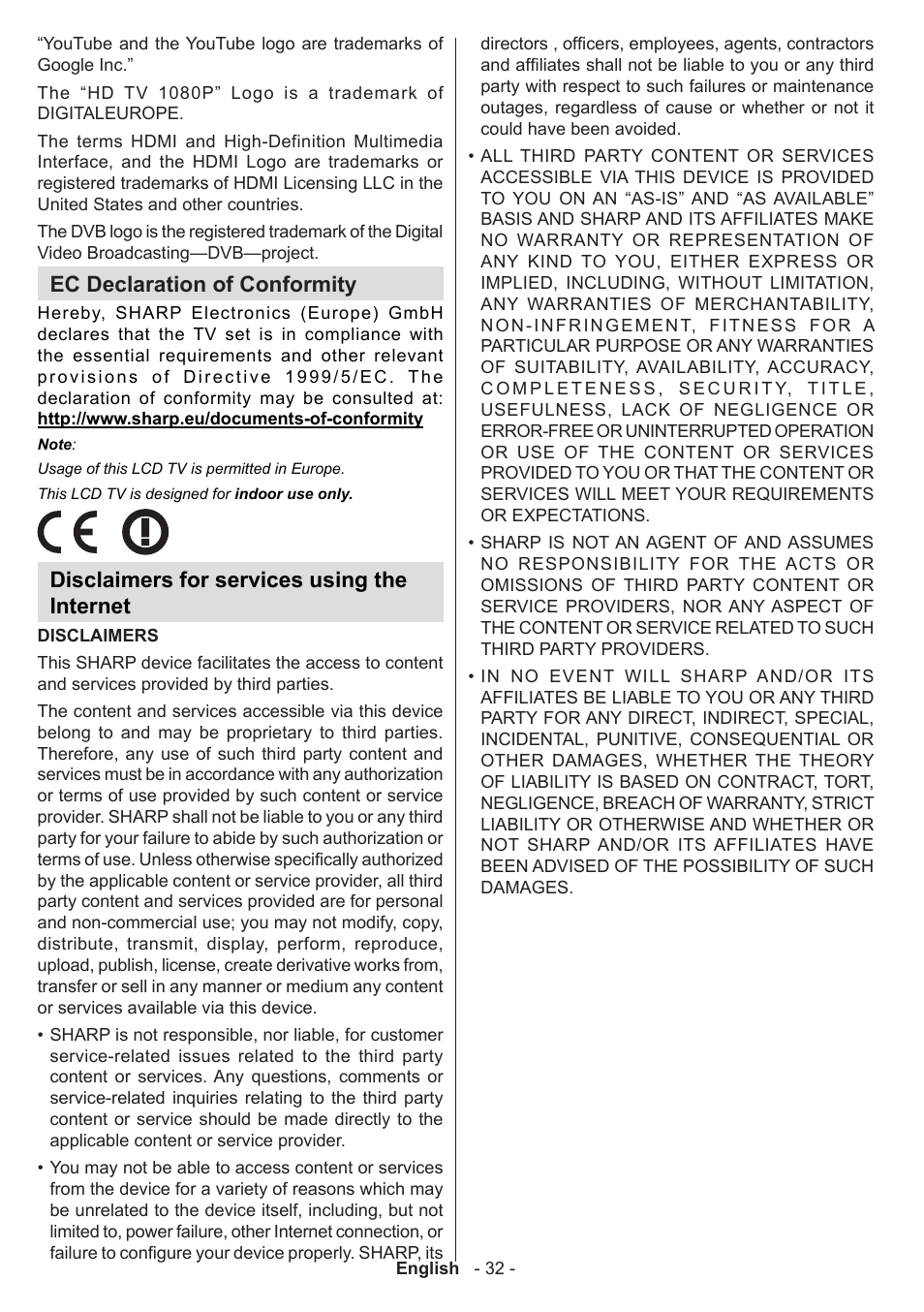 Ec declaration of conformity, Disclaimers for services using the internet | Sharp LC-50LE771K User Manual | Page 33 / 40