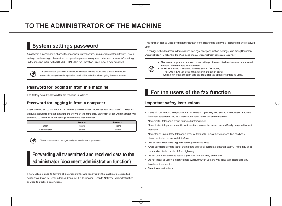 System settings password, For the users of the fax function, Password for logging in from a computer | Password for logging in from this machine, Important safety instructions | Sharp MX-M364N User Manual | Page 14 / 16