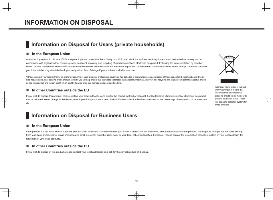 Information on disposal, Information on disposal for business users | Sharp MX-M364N User Manual | Page 15 / 16