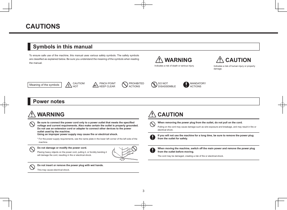 Cautions, Warning, Caution | Symbols in this manual | Sharp MX-M364N User Manual | Page 3 / 16