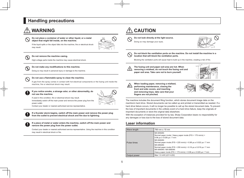 Warning caution, Handling precautions, Laser information | Sharp MX-M364N User Manual | Page 5 / 16