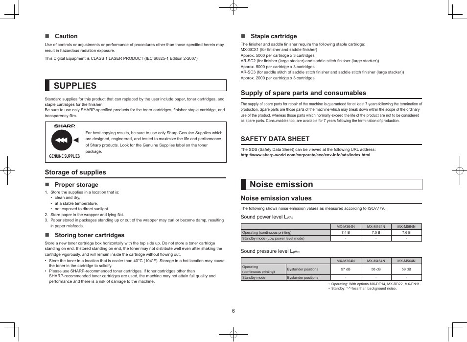 Supplies, Noise emission, Noise emission values | Safety data sheet | Sharp MX-M364N User Manual | Page 6 / 16