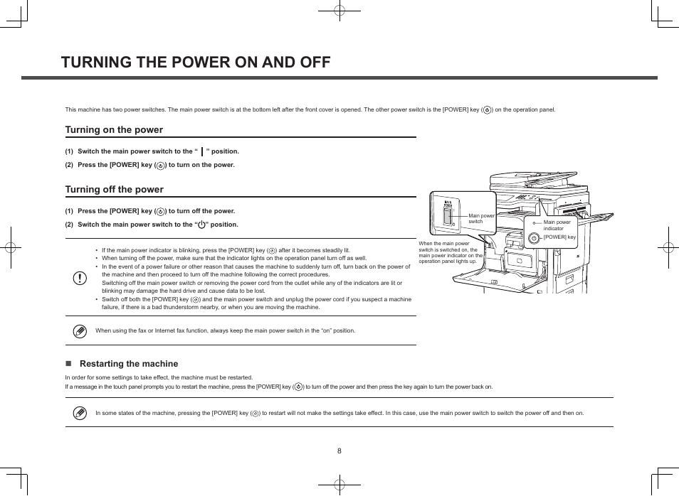 Turning the power on and off, Turning on the power, Turning off the power | Sharp MX-M364N User Manual | Page 8 / 16