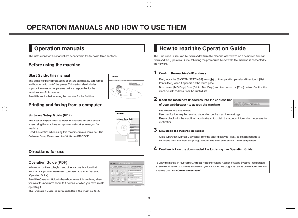 Operation manuals and how to use them, Operation manuals how to read the operation guide | Sharp MX-M364N User Manual | Page 9 / 16