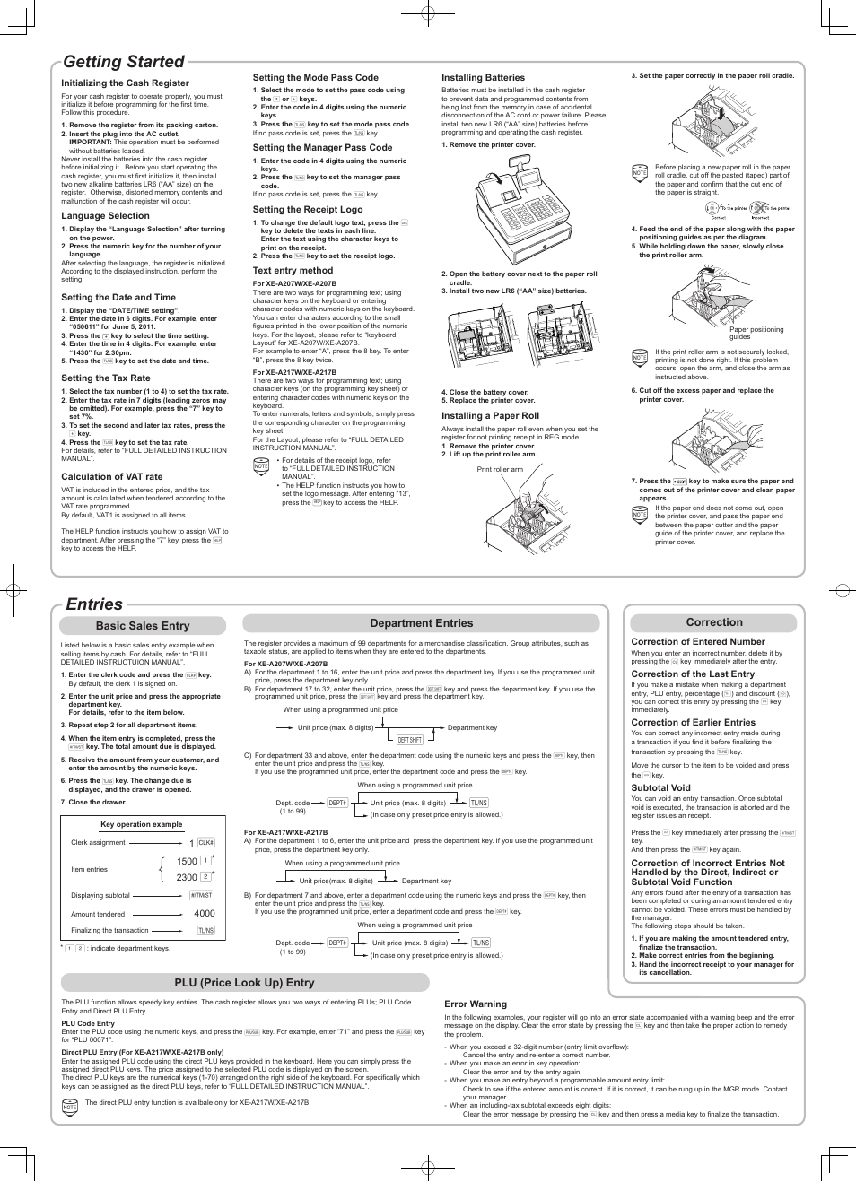 Entries, Getting started, Basic sales entry | Correction, Department entries, Plu (price look up) entry | Sharp XE-A217W User Manual | Page 2 / 4