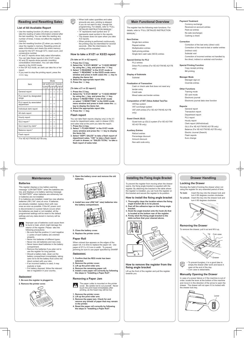 Maintenance, Reading and resetting sales, Drawer handling | Installing the fixing angle bracket, Main functional overview | Sharp XE-A217W User Manual | Page 3 / 4