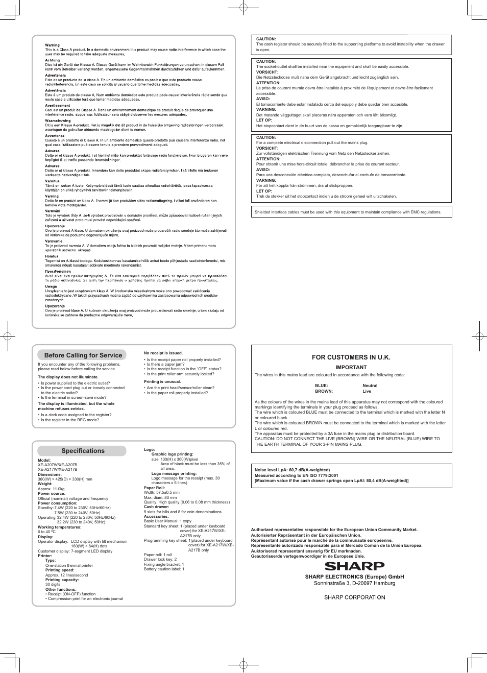 Before calling for service, Specifications, For customers in u.k | Sharp XE-A217W User Manual | Page 4 / 4