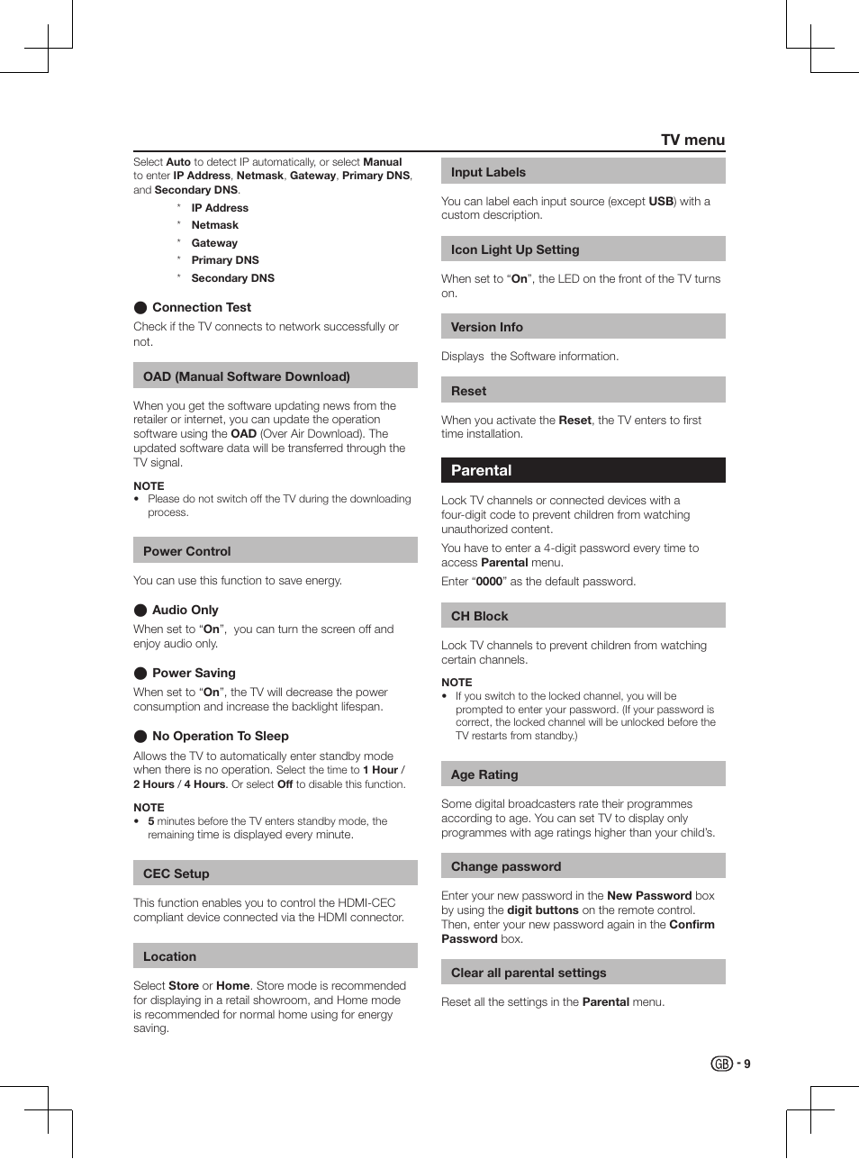 Connection test, Oad (manual software download), Power control | Audio only, Power saving, No operation to sleep, Cec setup, Location, Input labels, Icon light up setting | Sharp LC-46LD266K User Manual | Page 11 / 18