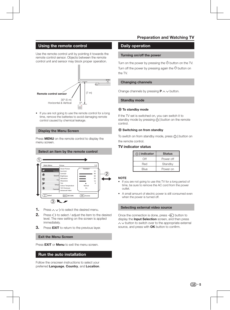 Preparation and watching tv, Using the remote control, Select an item by the remote control | Run the auto installation, Daily operation, Turning on/off the power, Changing channels, Standby mode, Selecting external video source, Tv indicator status | Sharp LC-46LD266K User Manual | Page 7 / 18