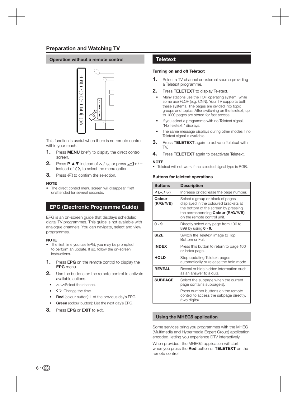 Operation without a remote control, Epg (electronic programme guide), Teletext | Using the mheg5 application, Preparation and watching tv | Sharp LC-46LD266K User Manual | Page 8 / 18