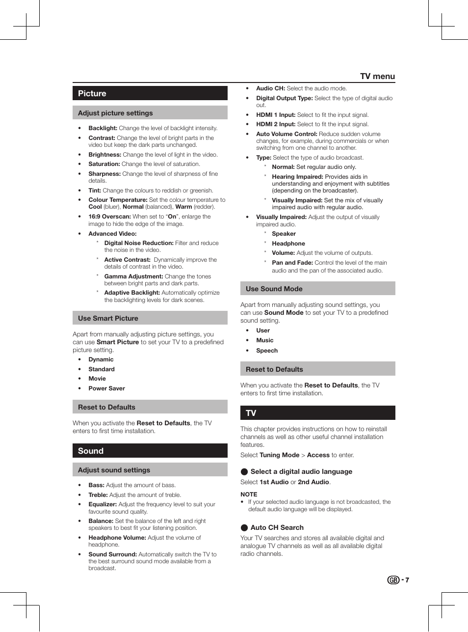 Tv menu, Picture, Adjust picture settings | Use smart picture, Reset to defaults, Sound, Adjust sound settings, Use sound mode, Select a digital audio language, Auto ch search | Sharp LC-46LD266K User Manual | Page 9 / 18