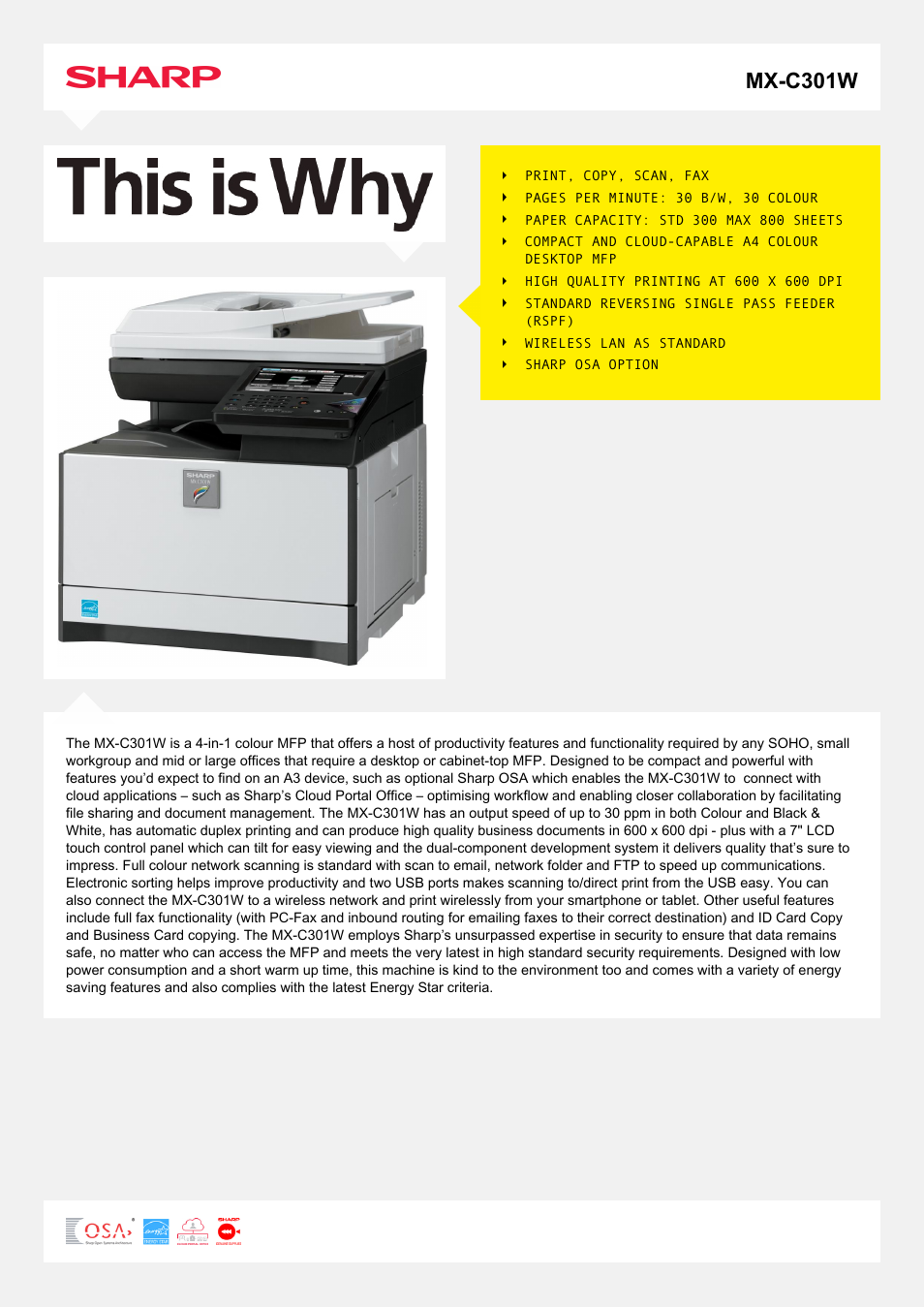 Sharp MX-C301W User Manual | 2 pages