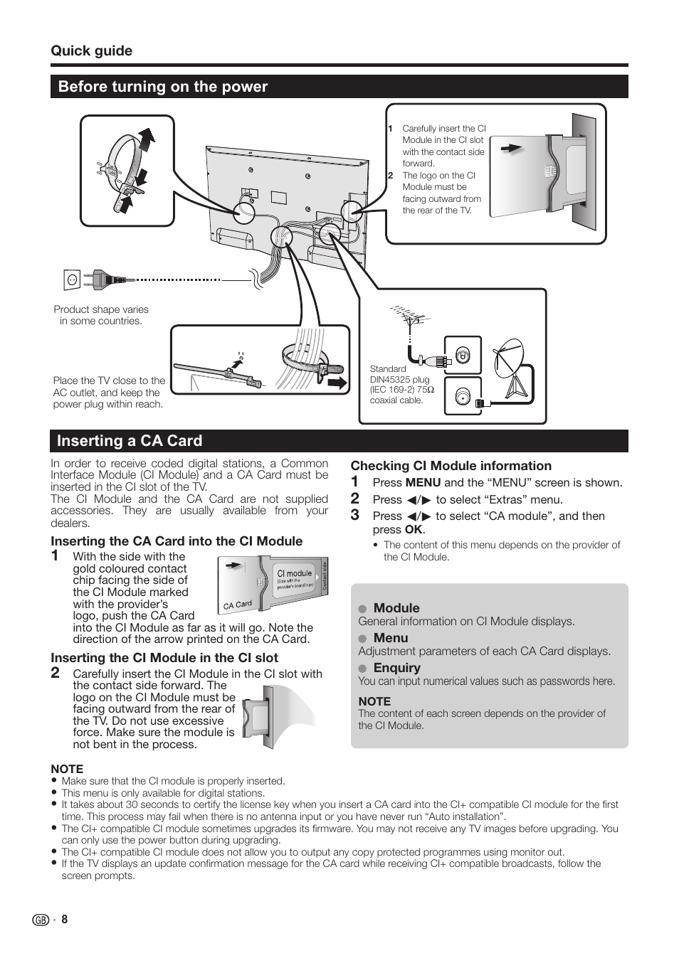 Before turning on the power, Inserting a ca card | Sharp LC-60LE651K User Manual | Page 10 / 64