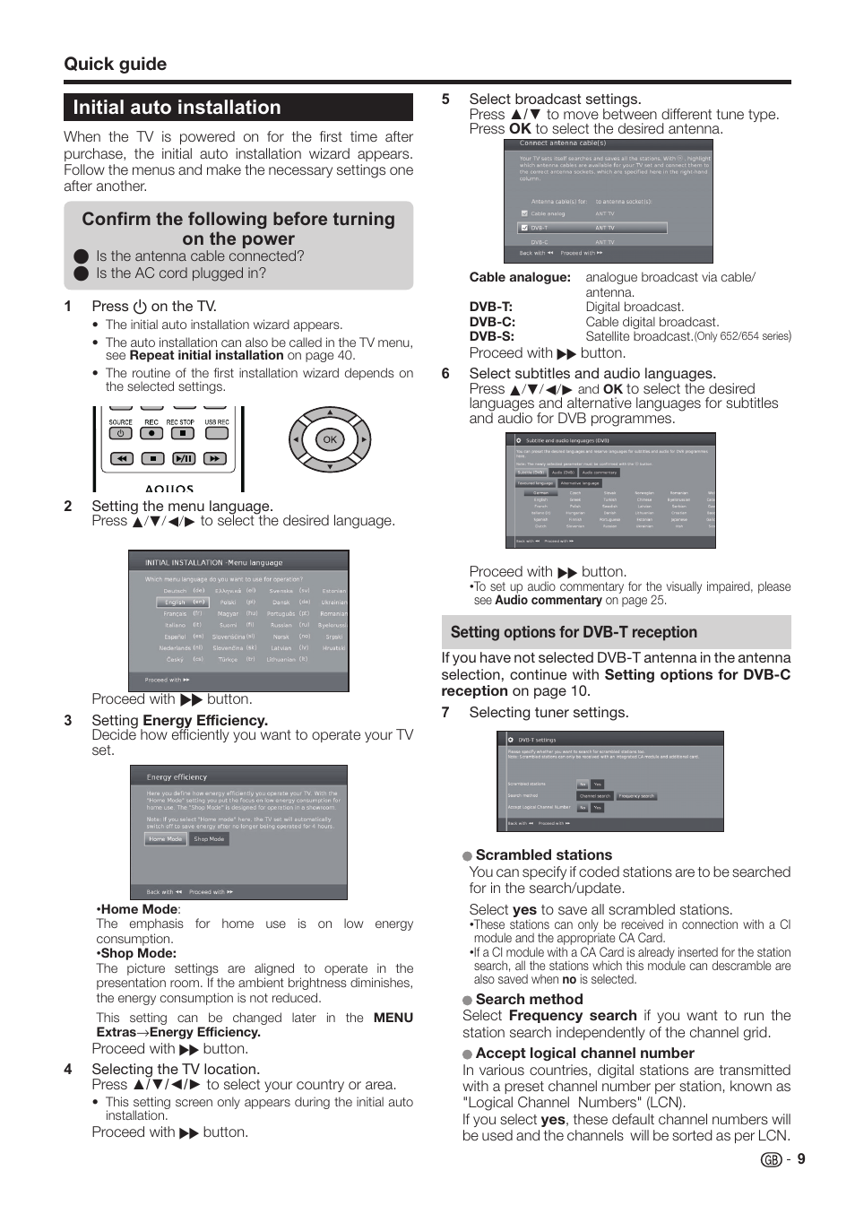 Initial auto installation, Quick guide, Confirm the following before turning on the power | Sharp LC-60LE651K User Manual | Page 11 / 64