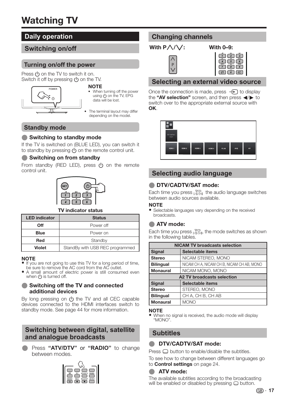 Watching tv, Selecting audio language, Daily operation switching on/off | Selecting an external video source, Subtitles, Turning on/off the power standby mode | Sharp LC-60LE651K User Manual | Page 19 / 64