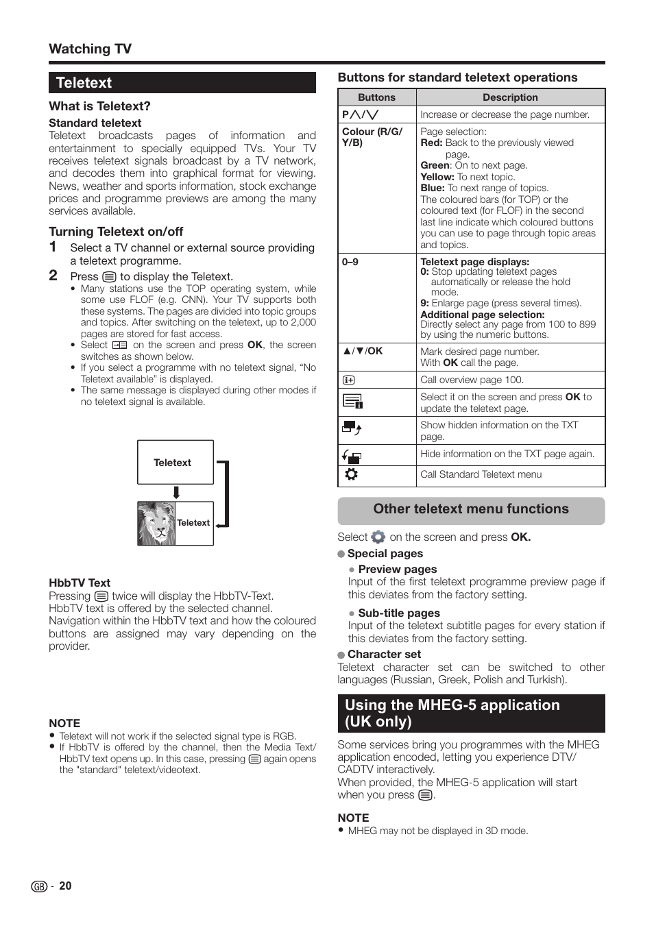 Using the mheg-5 application (uk only), Teletext, Watching tv | Other teletext menu functions | Sharp LC-60LE651K User Manual | Page 22 / 64