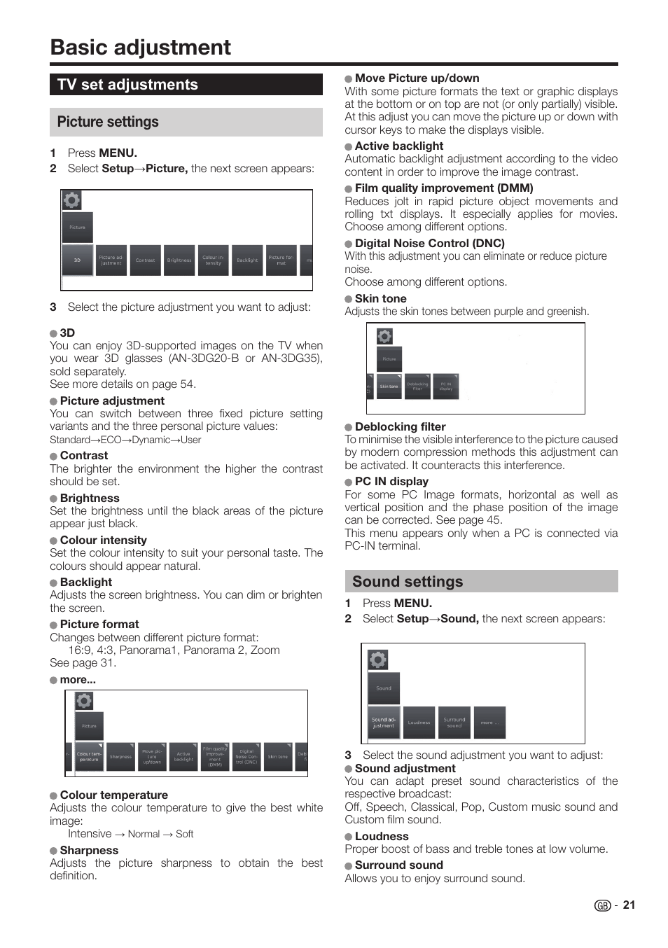 Basic adjustment, Tv set adjustments, Sound settings | Picture settings | Sharp LC-60LE651K User Manual | Page 23 / 64