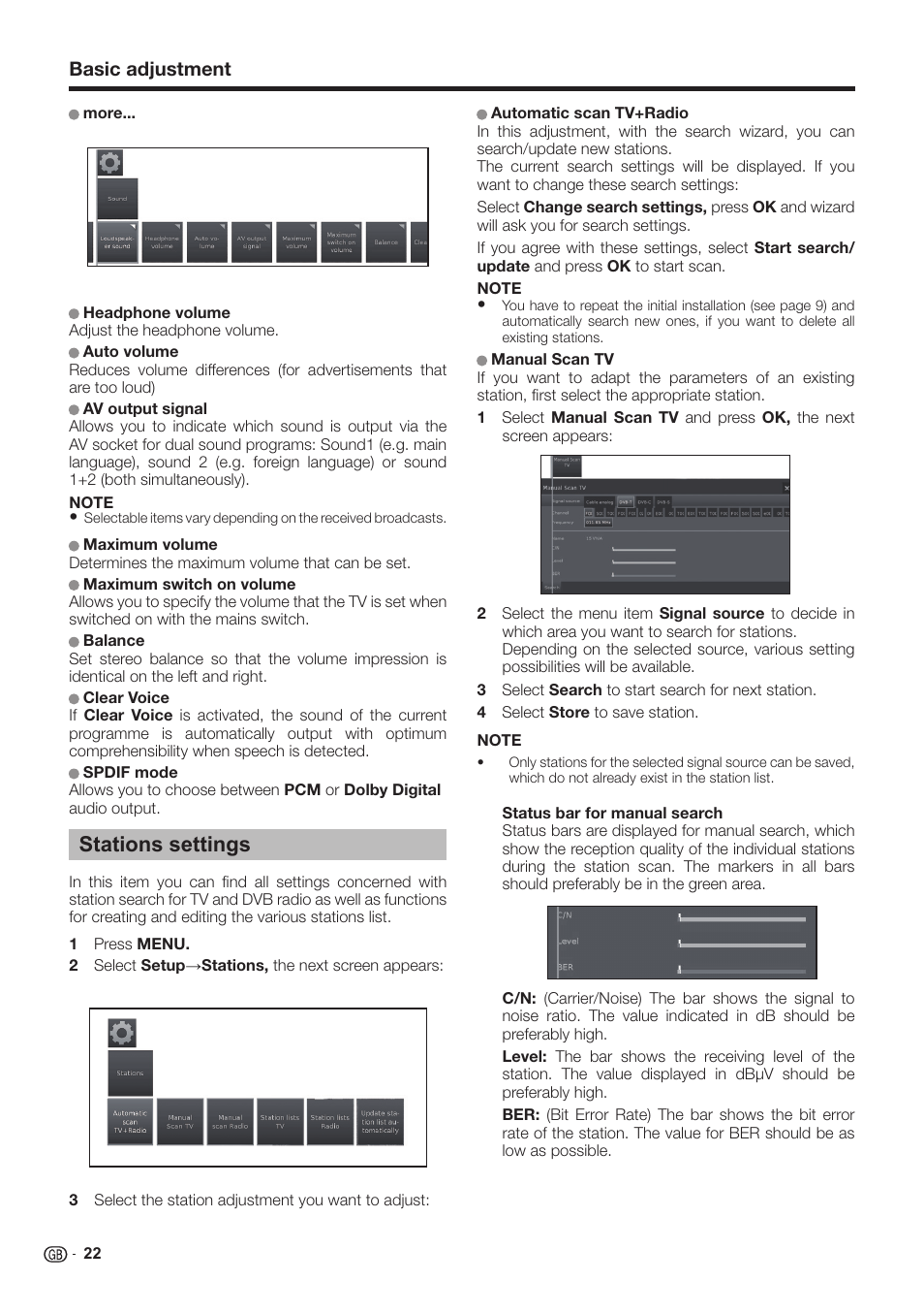 Stations settings, Basic adjustment | Sharp LC-60LE651K User Manual | Page 24 / 64