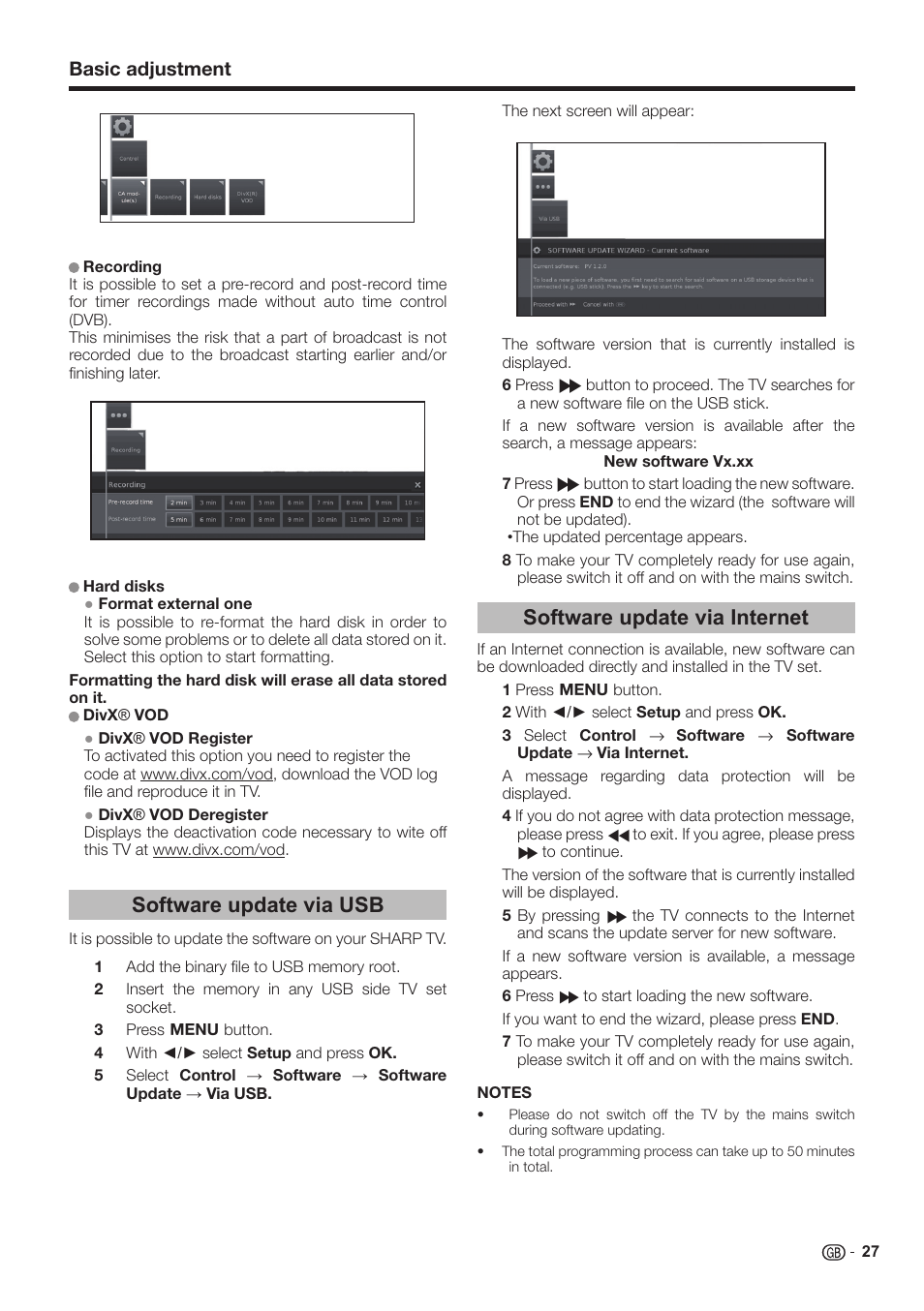 Software update via internet, Software update via usb, Basic adjustment | Sharp LC-60LE651K User Manual | Page 29 / 64