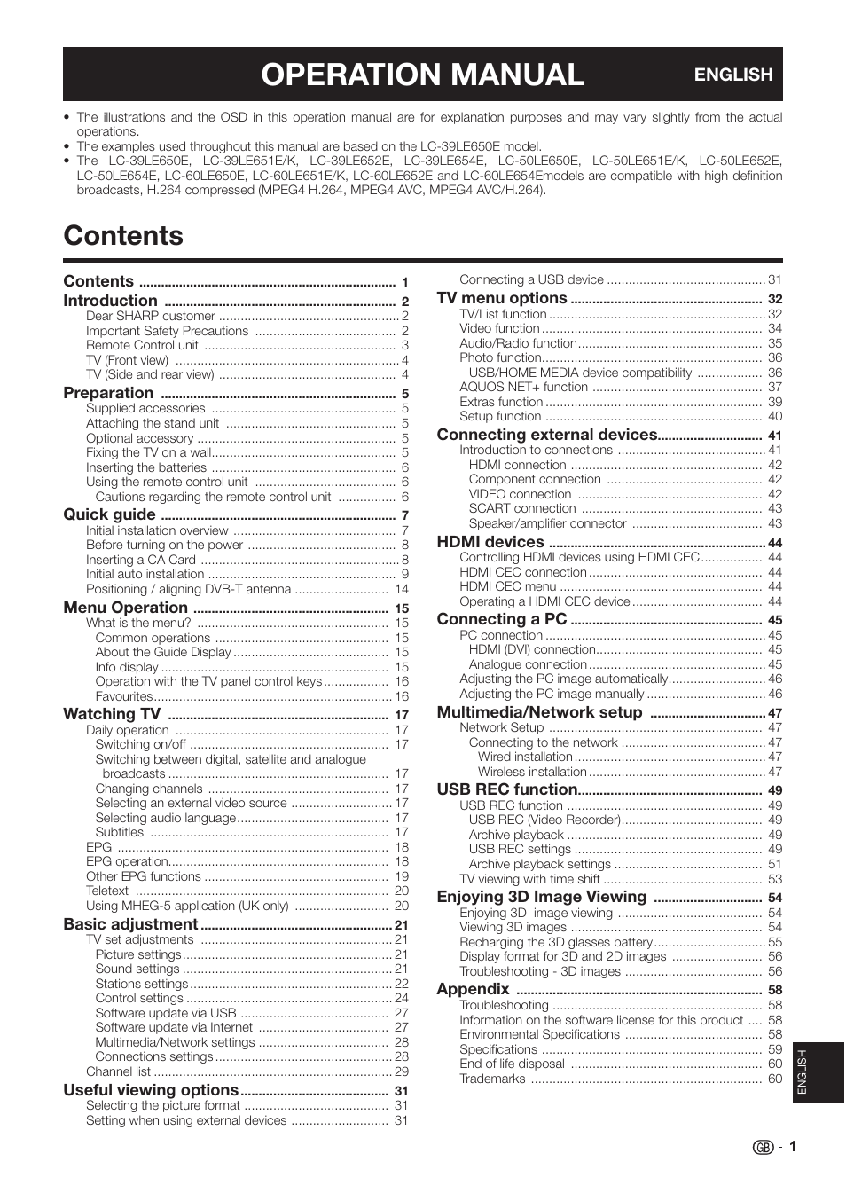 Sharp LC-60LE651K User Manual | Page 3 / 64