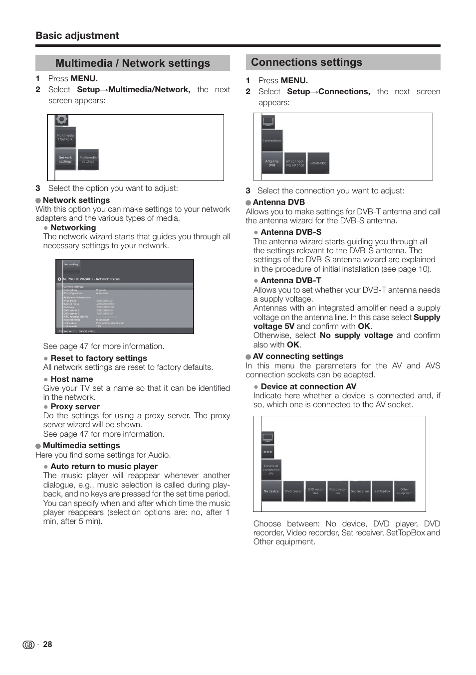 Multimedia / network settings, Connections settings, Basic adjustment | Sharp LC-60LE651K User Manual | Page 30 / 64