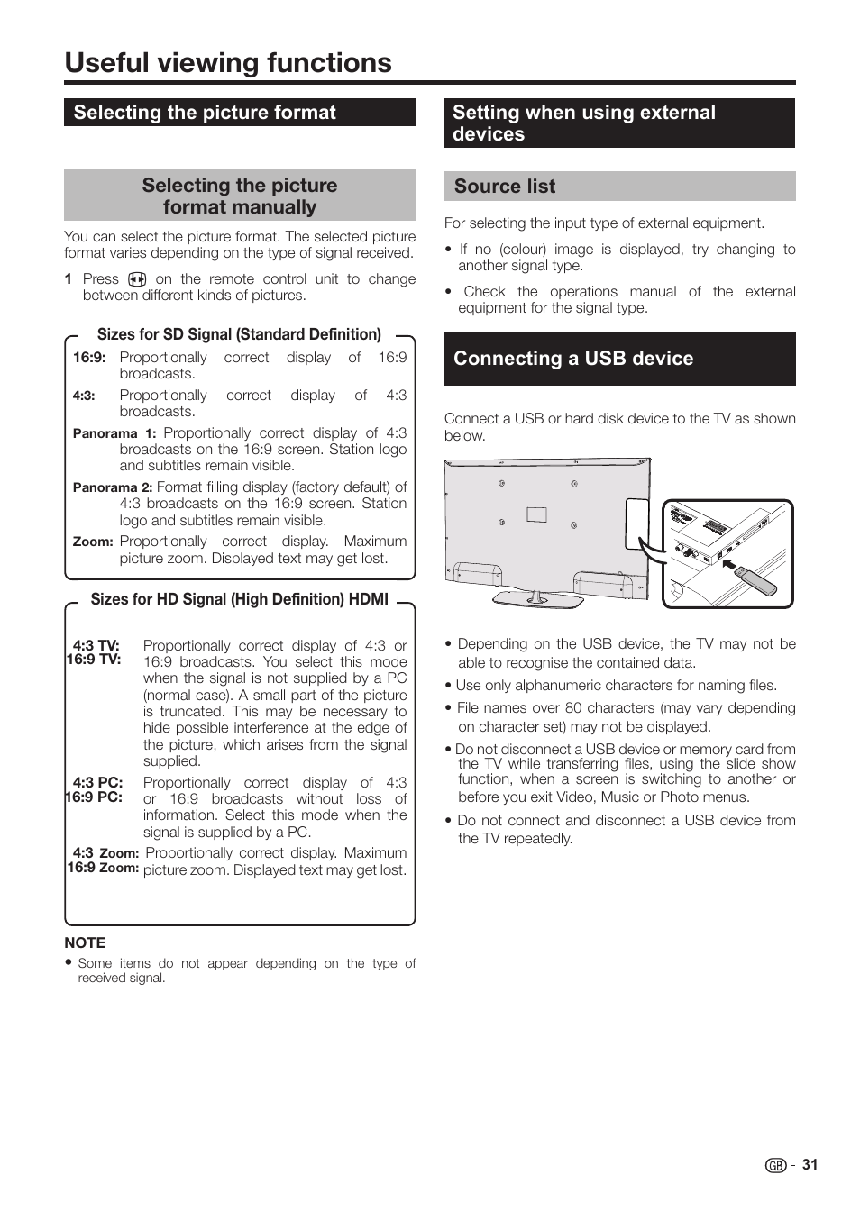 Useful viewing functions, Selecting the picture format | Sharp LC-60LE651K User Manual | Page 33 / 64