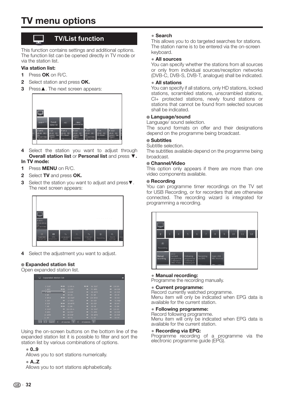 Tv menu options, Tv/list function | Sharp LC-60LE651K User Manual | Page 34 / 64