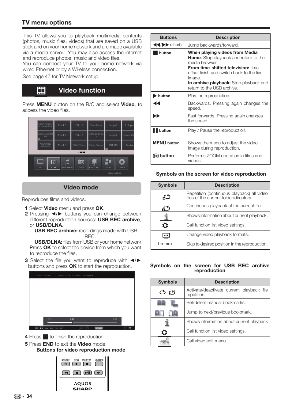 Video function, Tv menu options, Video mode | Sharp LC-60LE651K User Manual | Page 36 / 64