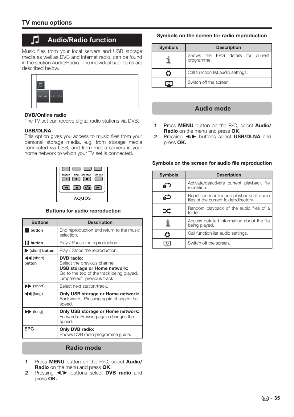 Audio/radio function, Radio mode, Tv menu options | Audio mode | Sharp LC-60LE651K User Manual | Page 37 / 64