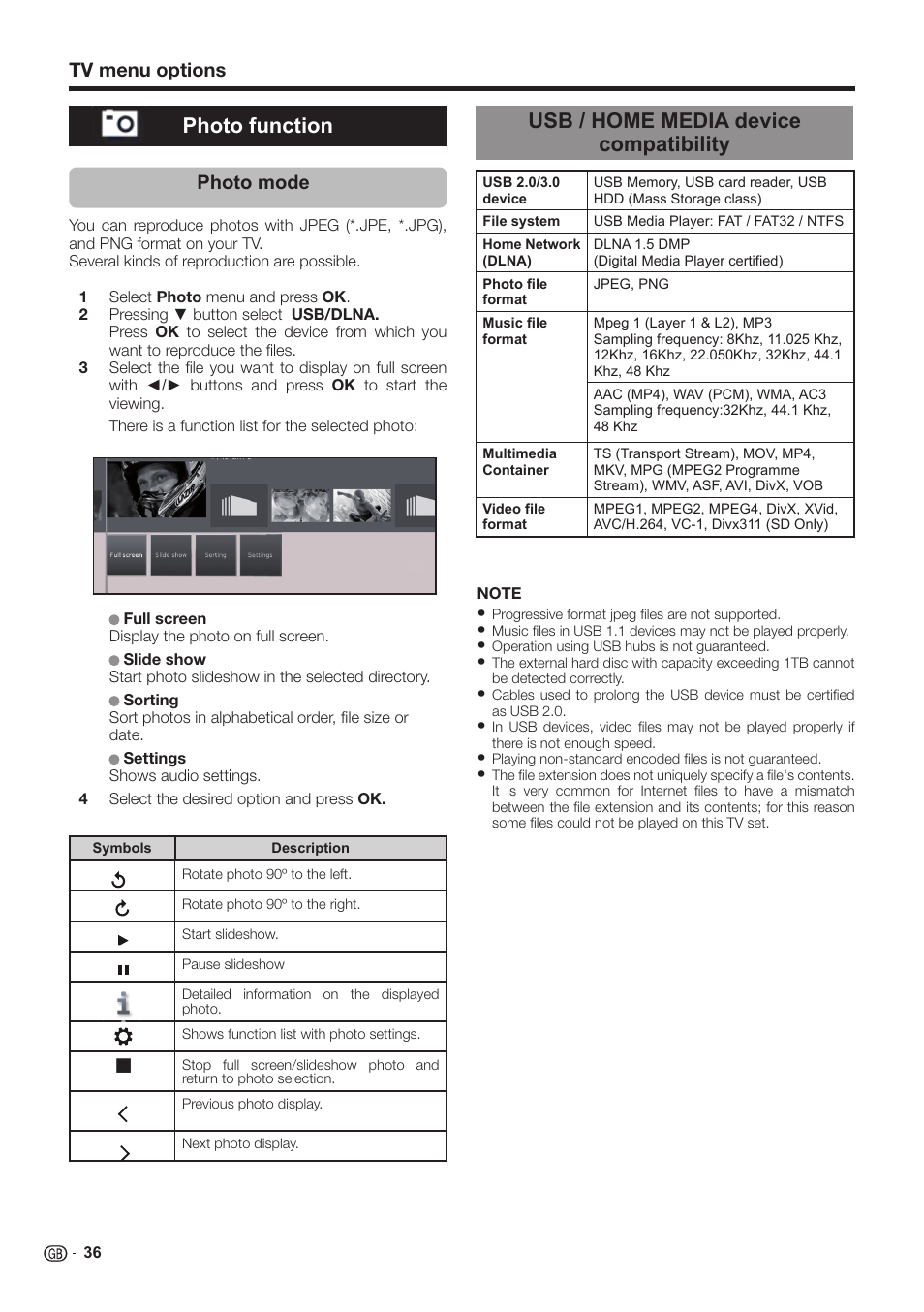 Usb / home media device compatibility, Photo function, Photo mode | Tv menu options | Sharp LC-60LE651K User Manual | Page 38 / 64