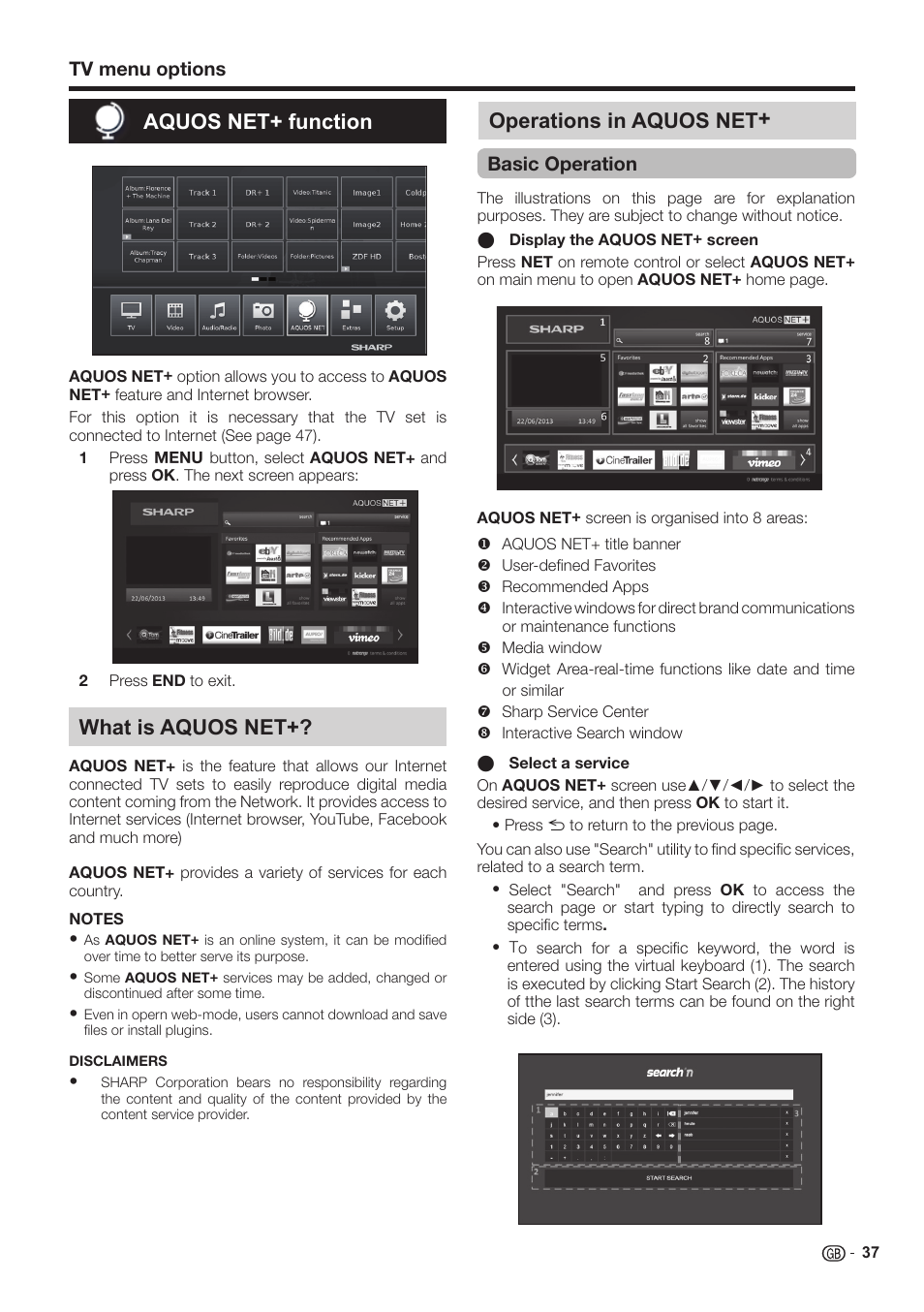 Aquos net+ function, What is aquos net, Operations in aquos net | Tv menu options, Basic operation | Sharp LC-60LE651K User Manual | Page 39 / 64